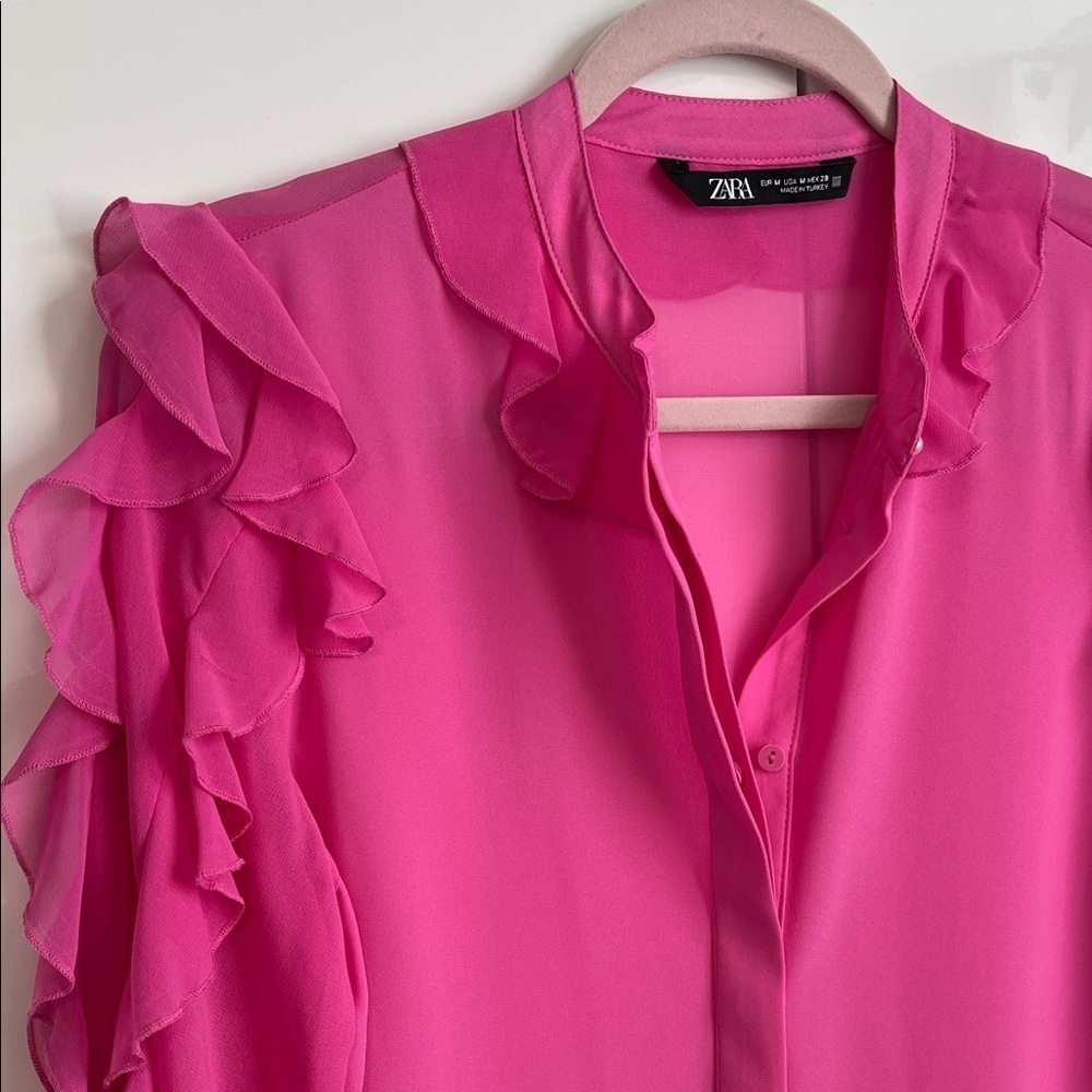 ZARA Fuchsia Ruffle Sleeve Blouse Mandarin Collar Pearl Buttons, Size M - Picture 4 of 11